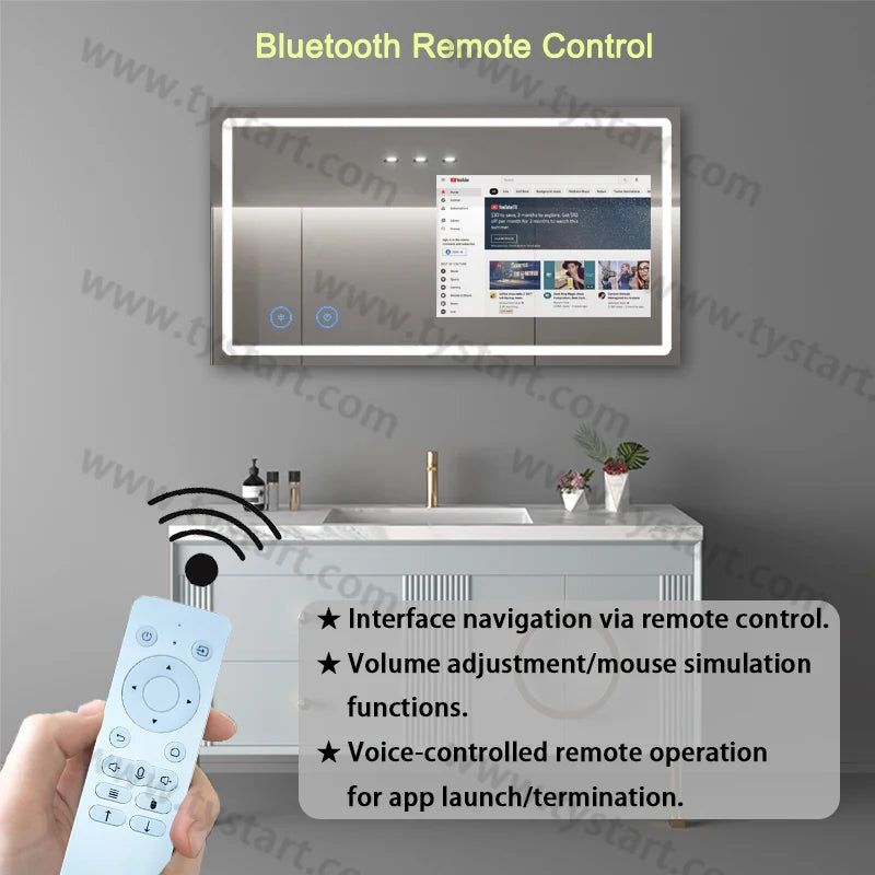Bathroom setting with a digital mirror and Bluetooth remote control, featuring text about remote control functions.
