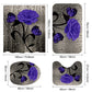 Set of four floral bath mats with purple flowers and black leaves, shown with measurements.