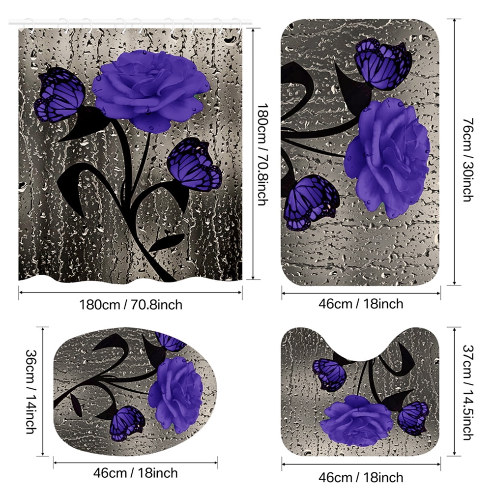 Set of four floral bath mats with purple flowers and black leaves, shown with measurements.