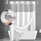 White shower curtain with a holder being used to open it, on a gray background.