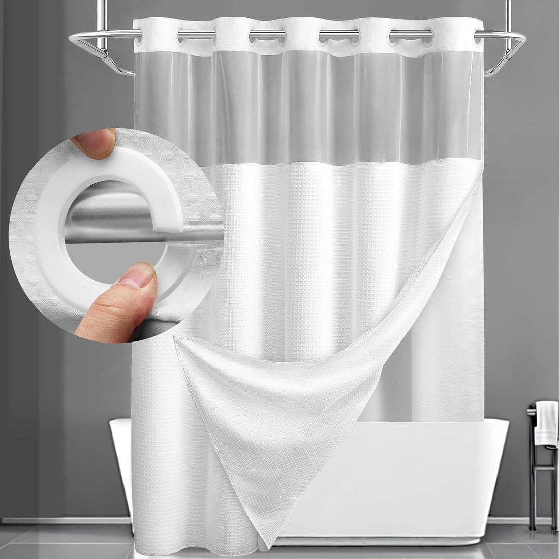 White shower curtain with a holder being used to open it, on a gray background.