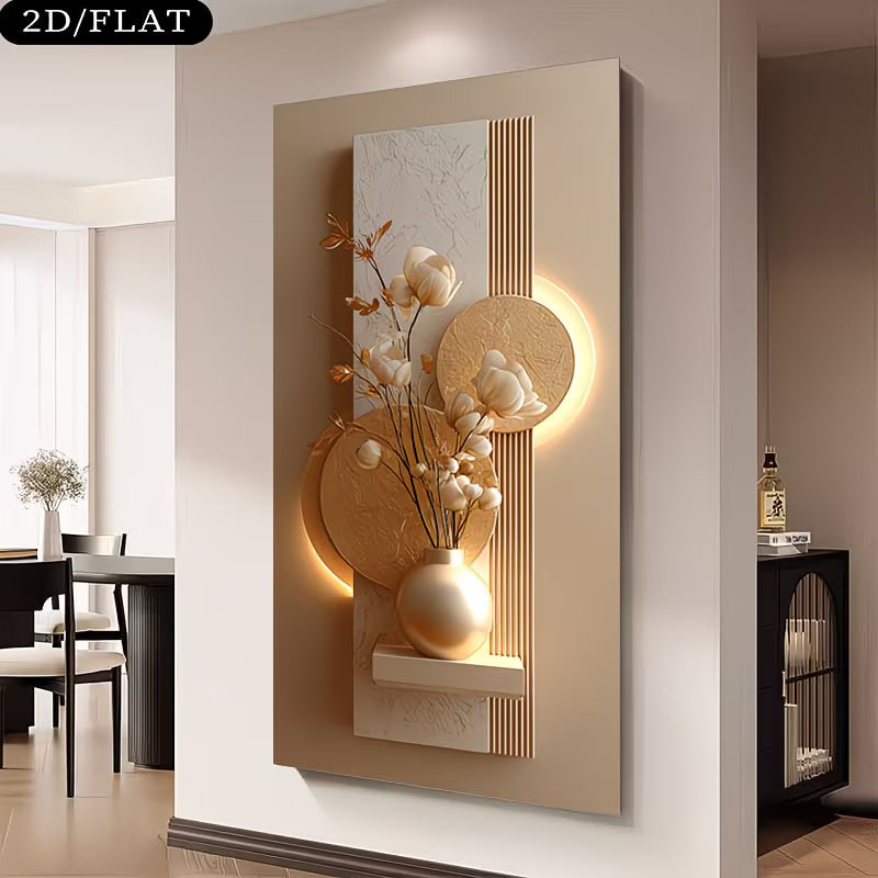 Decorative wall art with floral design and gold elements in a modern interior setting.