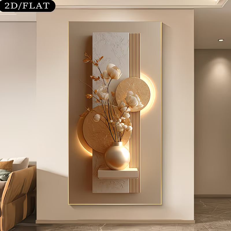 Decorative wall art with floral elements and gold accents in a modern interior setting.