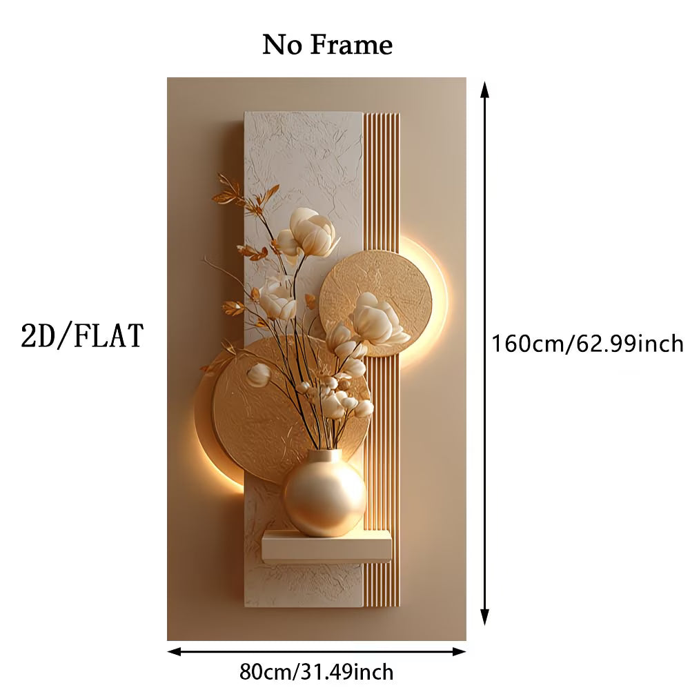 Decorative wall art with floral design and dimensions on a beige background