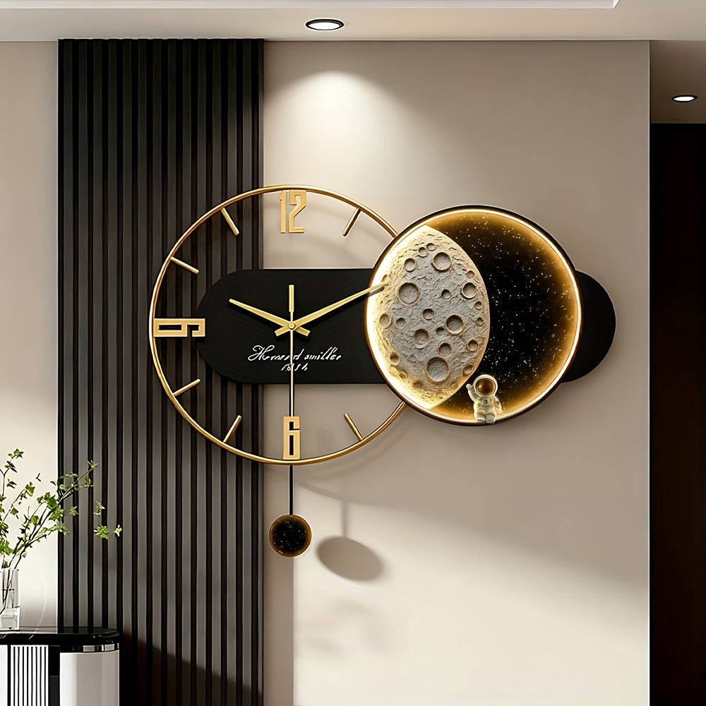 Decorative wall clock with moon design on a modern interior wall.