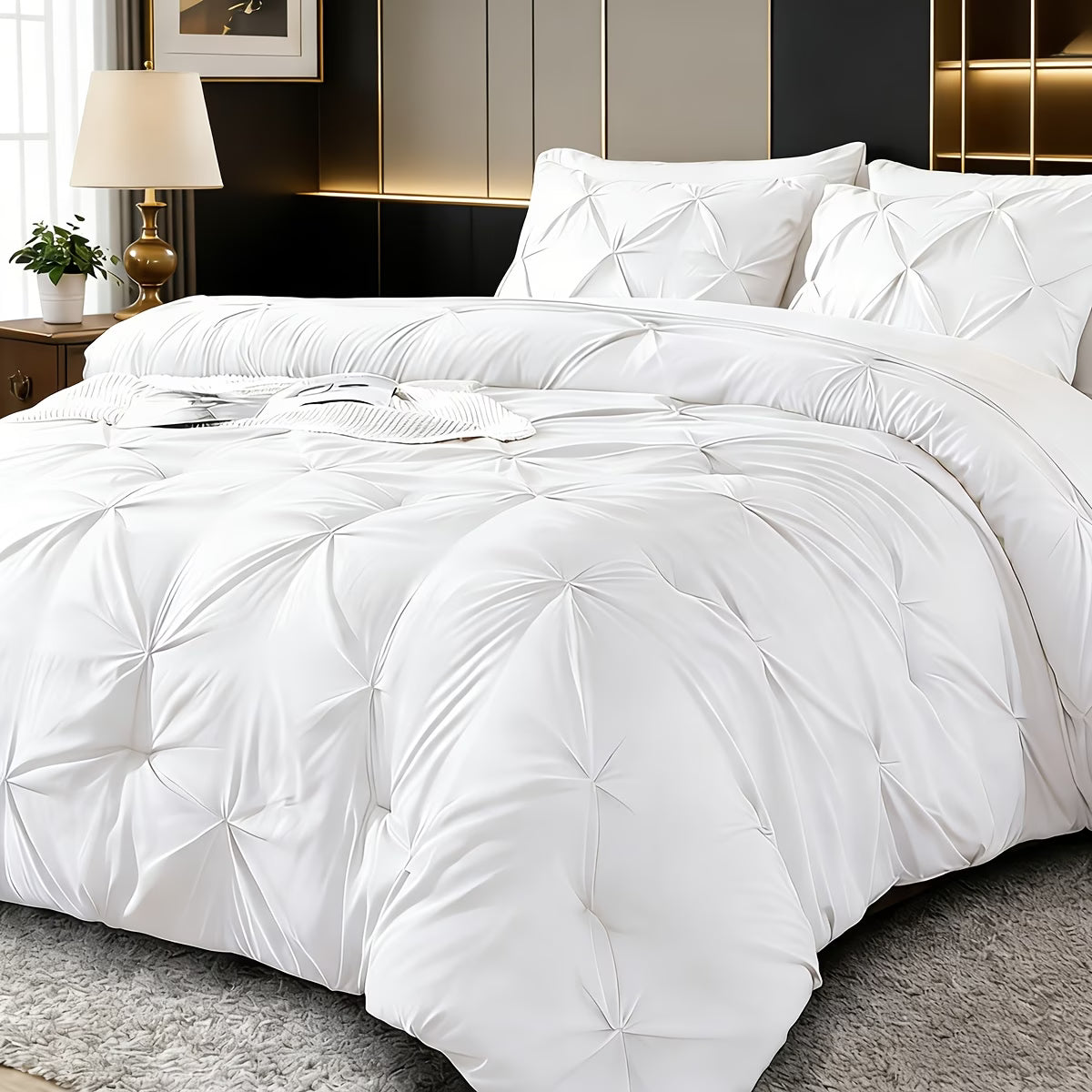 White quilted comforter on a bed in a bedroom setting