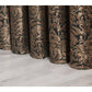 Patterned curtains on a wooden floor